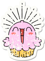 worn old sticker of a tattoo style happy singing cupcake png