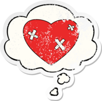 cartoon beaten up heart with thought bubble as a distressed worn sticker png