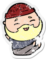 distressed sticker of a cartoon happy bearded man png