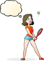 tekenfilm vrouw spelen tennis met gedachte bubbel png