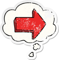 cartoon pointing arrow with thought bubble as a distressed worn sticker png