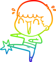 rainbow gradient line drawing of a laughing cartoon man karate kicking png