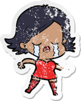 distressed sticker of a cartoon girl crying and pointing png