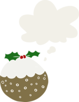 cartoon christmas pudding with thought bubble in retro style png