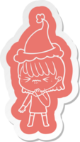 quirky cartoon  sticker of a girl regretting a mistake wearing santa hat png
