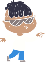 menino de desenho animado de estilo de cor plana usando óculos escuros apontando png