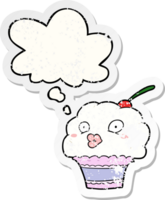 cartoon cupcake with thought bubble as a distressed worn sticker png