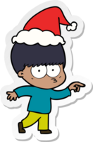 nerveux main tiré autocollant dessin animé de une garçon portant Père Noël chapeau png