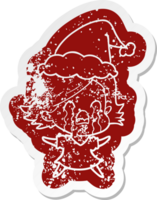 quirky cartoon distressed sticker of a woman crying wearing santa hat png
