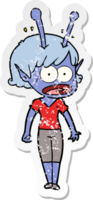 distressed sticker of a cartoon shocked alien girl png