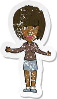 retro distressed sticker of a cartoon woman shrugging shoulders png