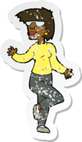 retro distressed sticker of a cartoon woman waving png