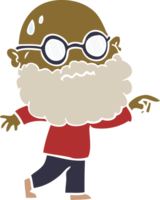 flat color style cartoon worried man with beard and spectacles pointing finger png