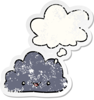 cartoon tiny happy cloud with thought bubble as a distressed worn sticker png