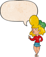 cartoon woman with big hair with speech bubble in retro texture style png