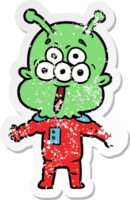 distressed sticker of a happy cartoon alien png