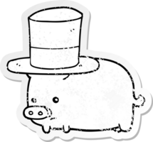 autocollant en détresse d'un cochon de dessin animé portant un chapeau haut de forme png