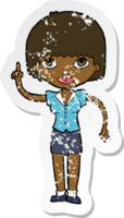 retro distressed sticker of a cartoon woman with idea png