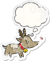 cartoon christmas reindeer with thought bubble as a distressed worn sticker png