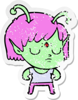 distressed sticker of a cartoon alien girl png