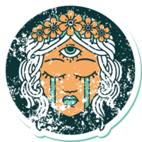 iconic distressed sticker tattoo style image of female face with mystic third eye crying png