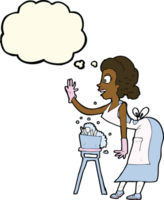 tekenfilm huisvrouw het wassen omhoog met gedachte bubbel png