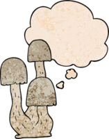 cartoon mushroom with thought bubble in grunge texture style png