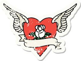 distressed sticker tattoo in traditional style of heart with wings a rose and banner png