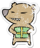 distressed sticker of a angry bear cartoon with gift png