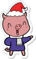 happy hand drawn sticker cartoon of a pig in winter clothes wearing santa hat png