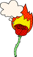 cartoon flaming rose with thought bubble in comic book style png