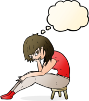 cartoon woman sitting on small stool with thought bubble png