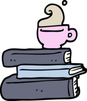 hand drawn doodle style cartoon books and cup of coffee png