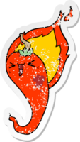 distressed sticker of a cartoon flaming hot chili pepper png