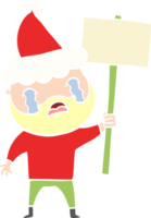flat color illustration of a bearded protester crying wearing santa hat png
