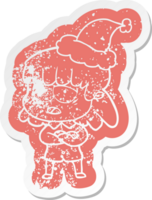 cartoon distressed sticker of a tired woman wearing santa hat png