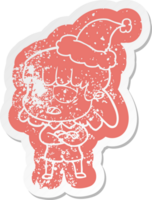 adesivo angustiado de desenho animado de uma mulher cansada usando chapéu de papai noel png