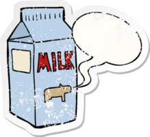 cartón de leche de dibujos animados y etiqueta engomada angustiada de la burbuja del discurso png