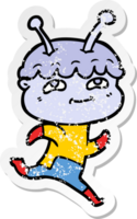 distressed sticker of a friendly cartoon spaceman running png