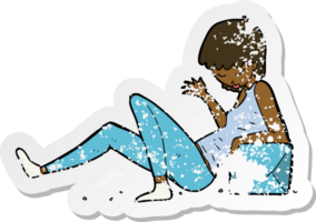 retro distressed sticker of a cartoon woman leaning on package box png