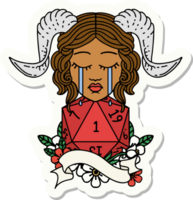 crying tiefling with natural one D20 roll sticker png