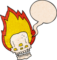 spooky cartoon flaming skull and speech bubble in retro texture style png