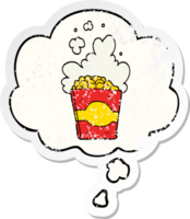 cartoon popcorn and thought bubble as a distressed worn sticker png