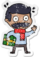 distressed sticker of a cartoon man with mustache and christmas present png