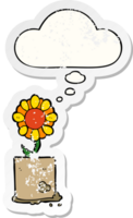 cartoon flower and thought bubble as a distressed worn sticker png