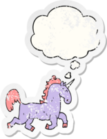 cartoon unicorn and thought bubble as a distressed worn sticker png