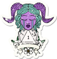 crying tiefling face with natural 1 D20 Dice illustration png