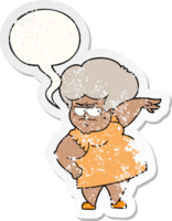 cartone animato arrabbiato vecchio donna e discorso bolla afflitto etichetta png