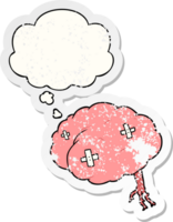 cartoon injured brain and thought bubble as a distressed worn sticker png