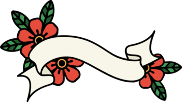 traditional tattoo of a banner and flowers png